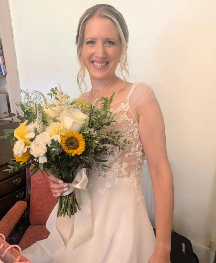 Chloe on her wedding day, with bridal hair by Becky.