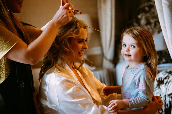Rebecca during wedding morning hair preparations at Clearwell Castle.