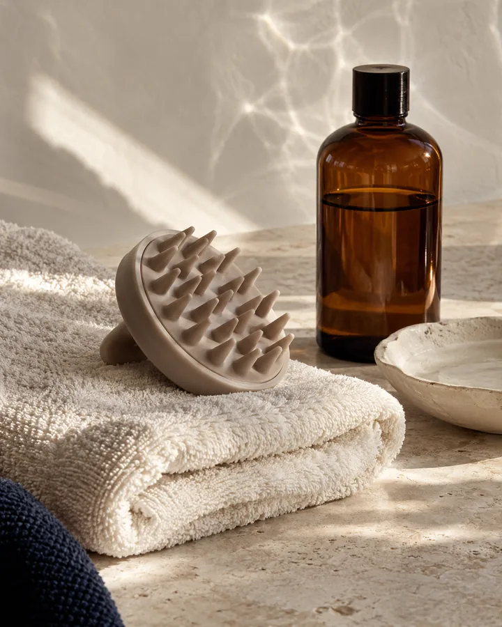Illustrative still life of a scalp brush, folded towels and an unlabelled amber bottle
