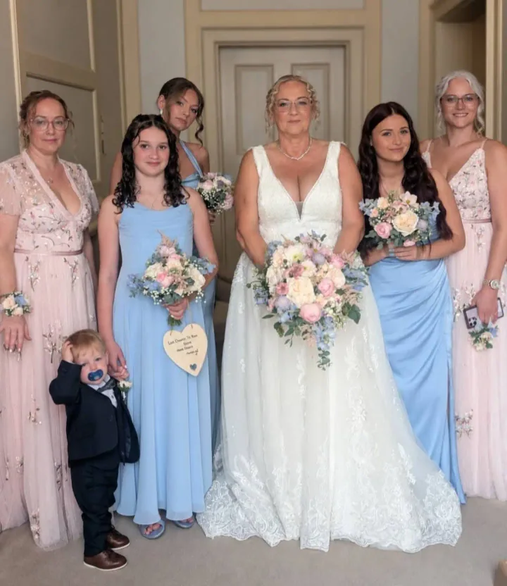 Norma and her wedding party, with hair by Becky